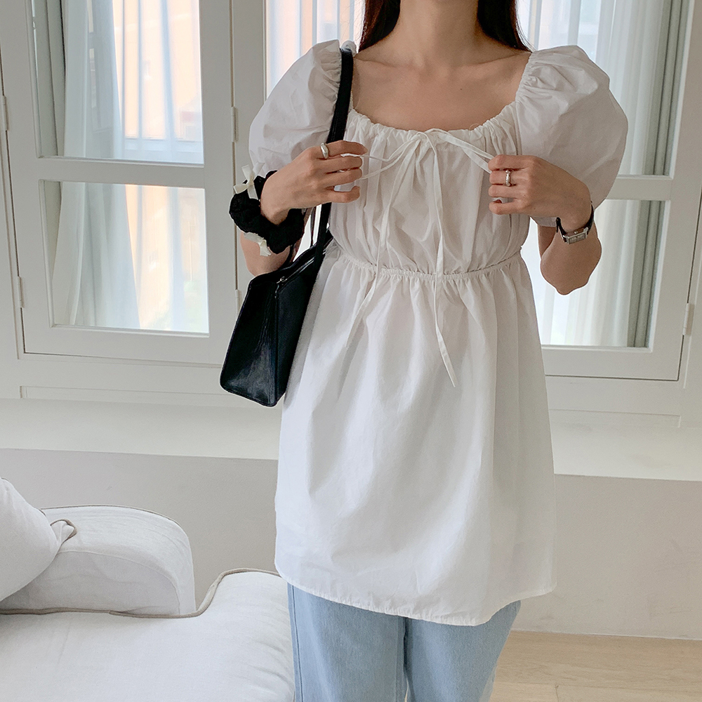 루즈핏 퍼프 셔링 키작녀원피스 오프숄더 스퀘어넥원피스 벌룬 여성 여름 미니 원피스 꾸안꾸 - 상세 이미지 2