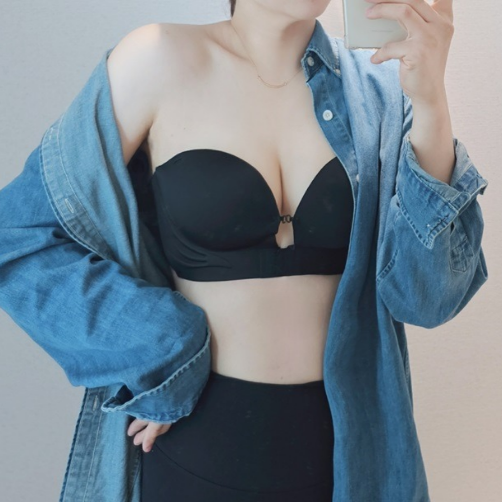 오픈숄더 노끈브라 흘러내림X 앞후크 논슬립 끈없는 모아주는 가슴업노와이어 헴라인처짐방지 - 메인 이미지