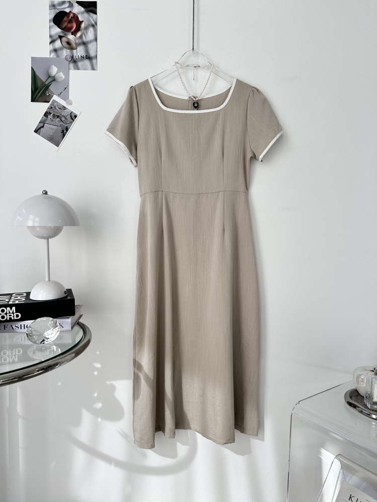 스판 린넨 스퀘어넥 랍빠 배색 스트링 롱 원피스 - 상세 이미지 2