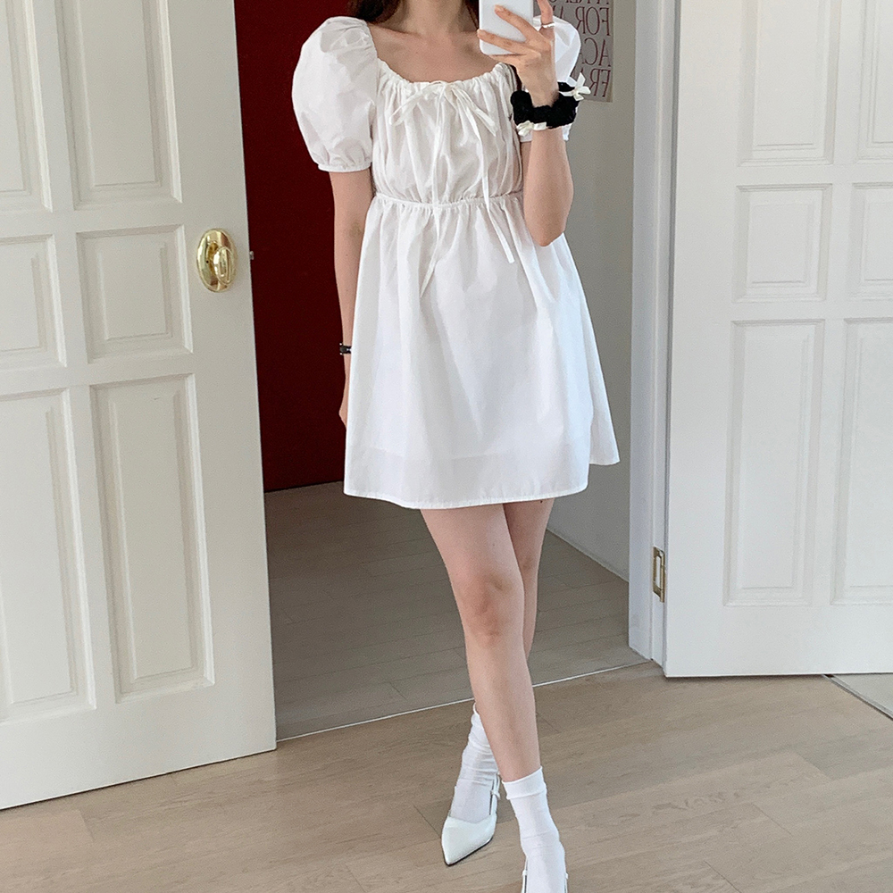 루즈핏 퍼프 셔링 키작녀원피스 오프숄더 스퀘어넥원피스 벌룬 여성 여름 미니 원피스 꾸안꾸 - 상세 이미지 3