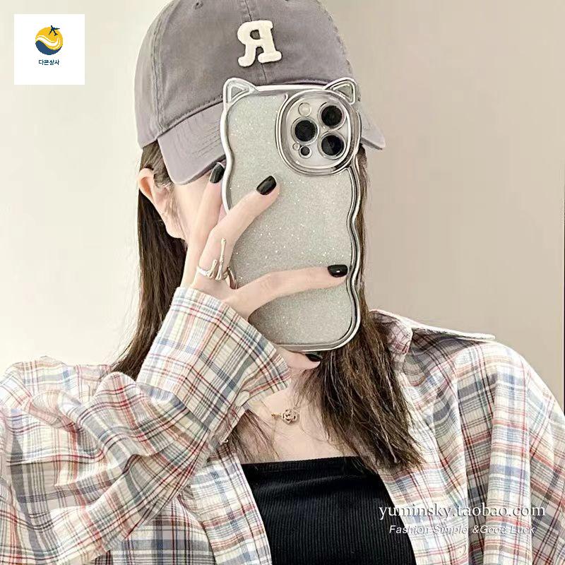 호환 글리터 웨이브 아이폰 실버 고양이귀 물결 무늬 케이스 - 상세 이미지 2