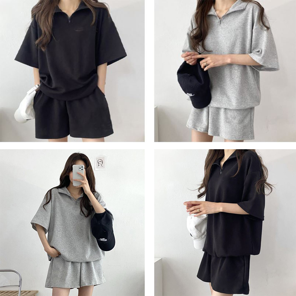 여성 반집업 트레이닝복세트 여자 외출 패션 반팔 티셔츠 - 상품 이미지