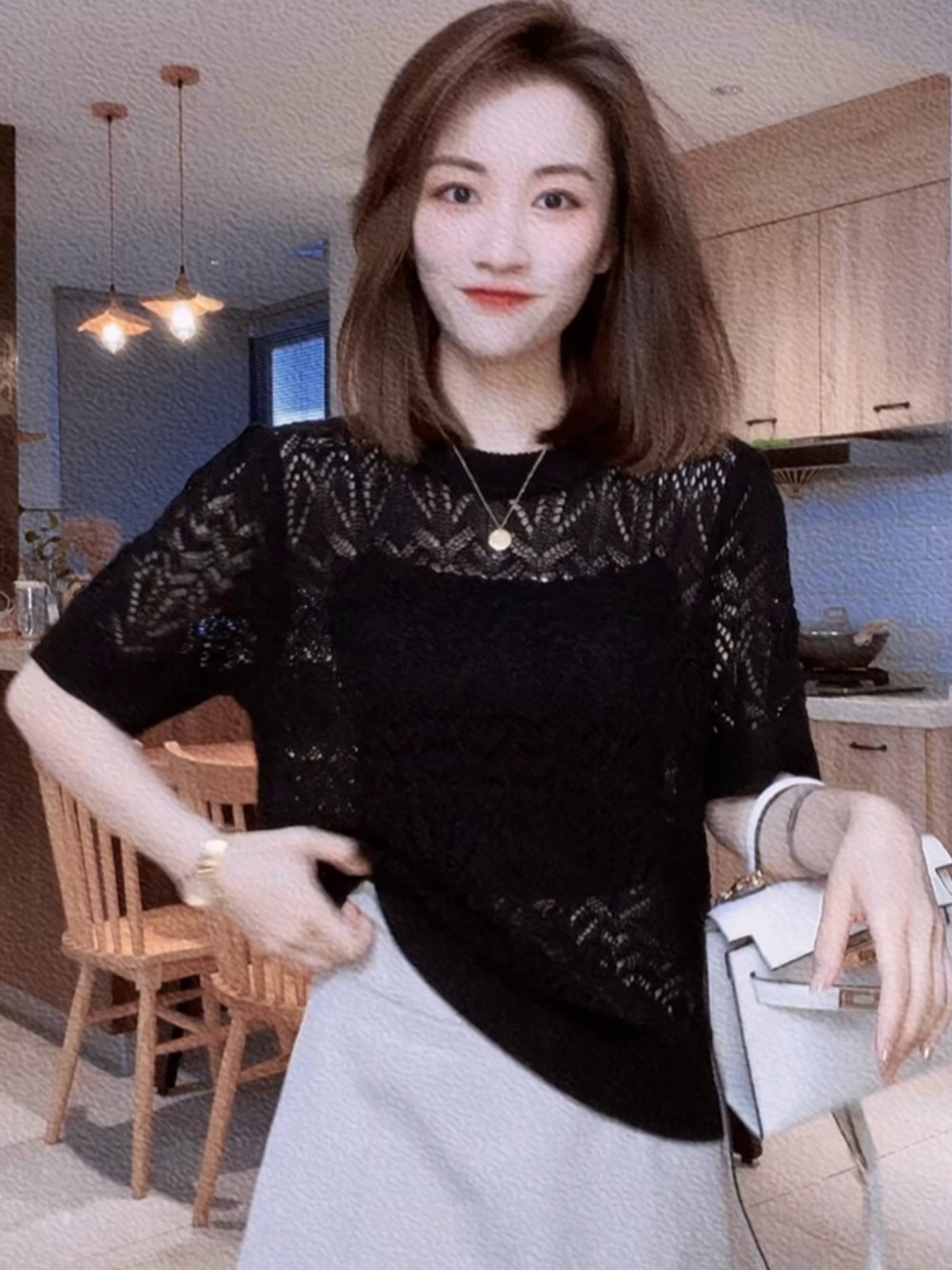 조선의 사랑꾼 강수지 니트 반팔 티셔츠 라운드넥 펀칭 의상 옷 패션 - 상세 이미지 3