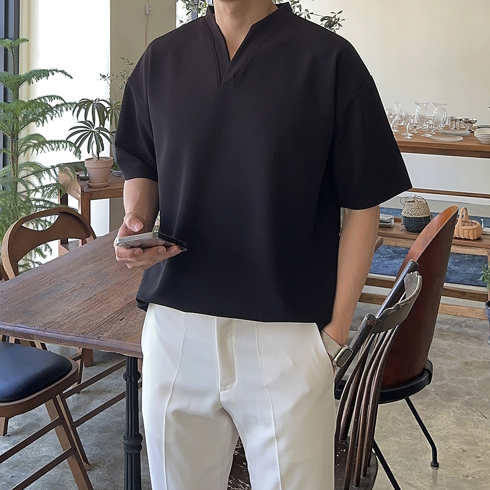 남자 반팔티 오버핏 헨리넥 무지 반팔 티셔츠