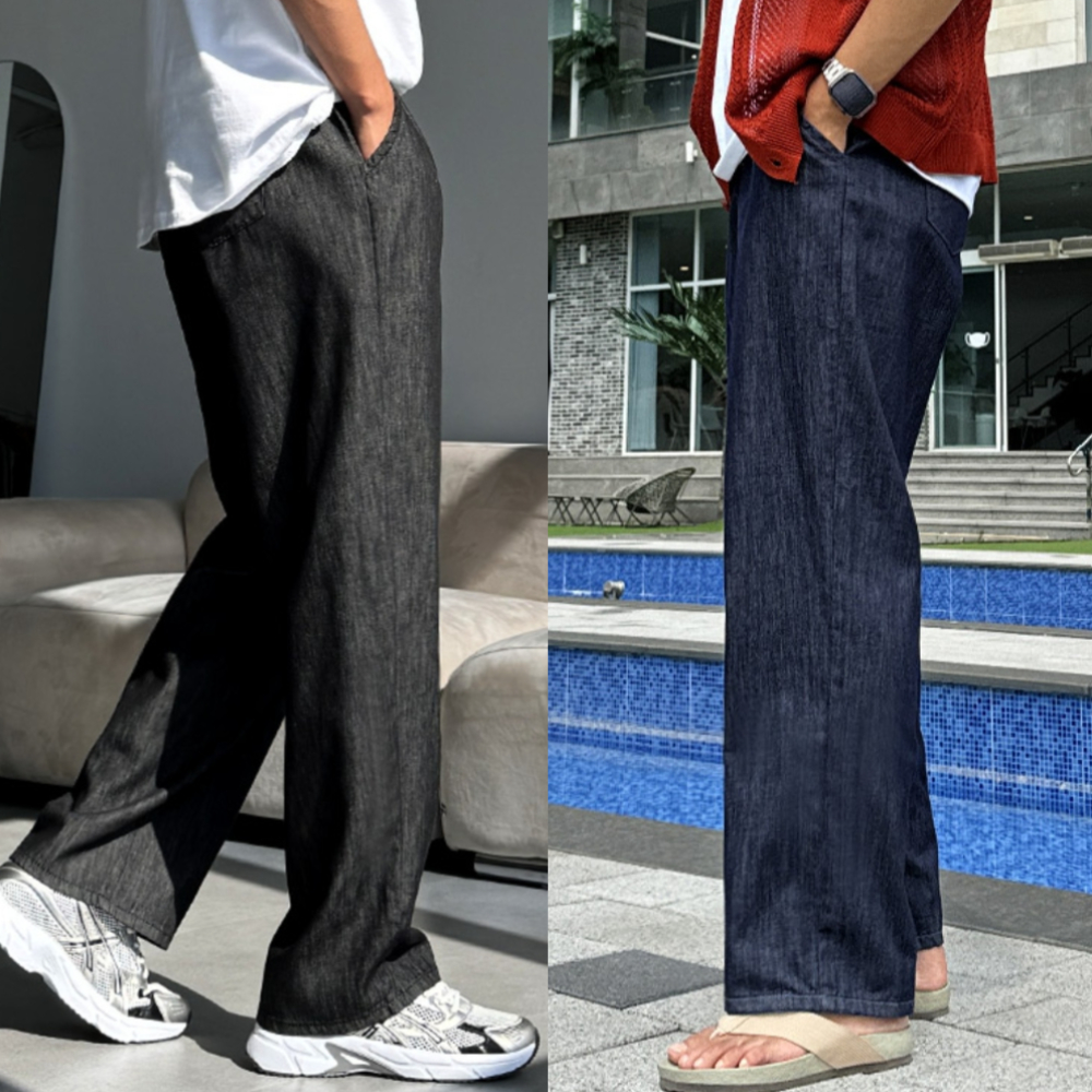 남자 질그 3단기장 얇은 쿨링 논페이드 밴딩 생지 와이드 데님