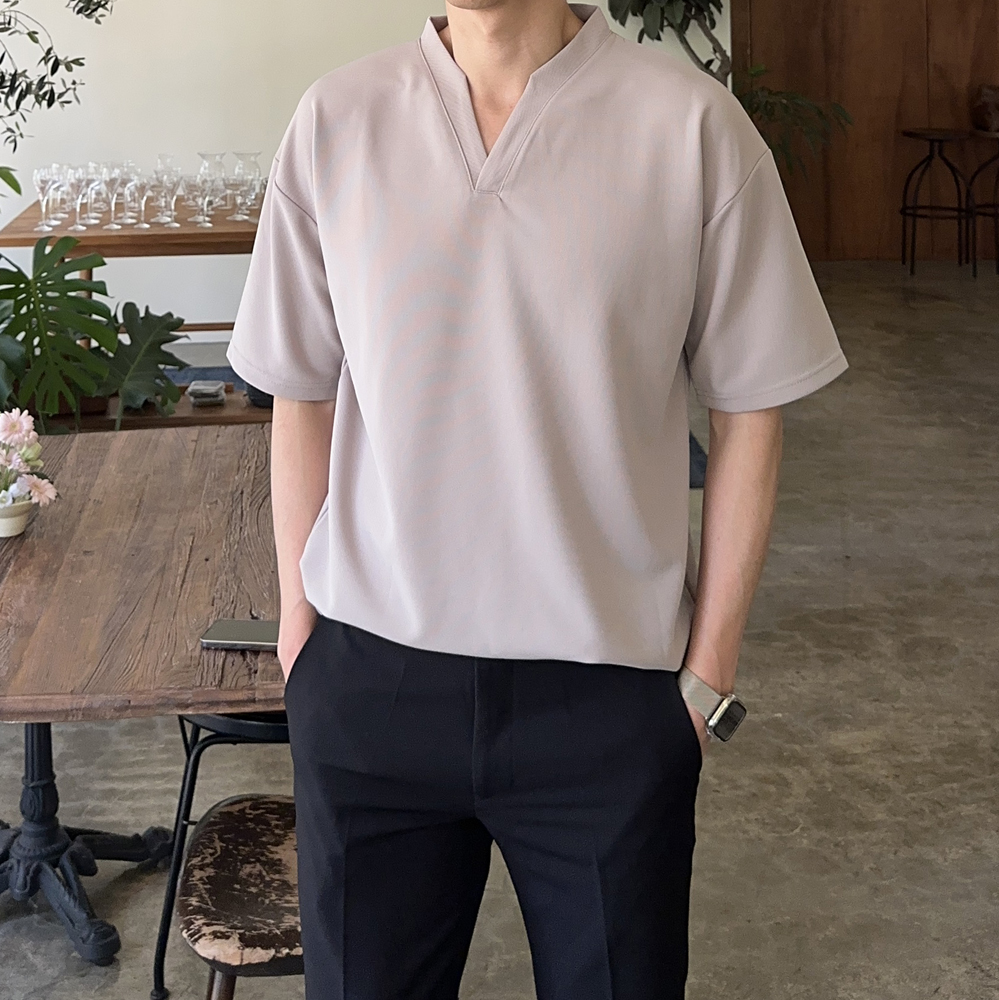 남자 반팔티 오버핏 헨리넥 무지 반팔 티셔츠 - 상세 이미지 2