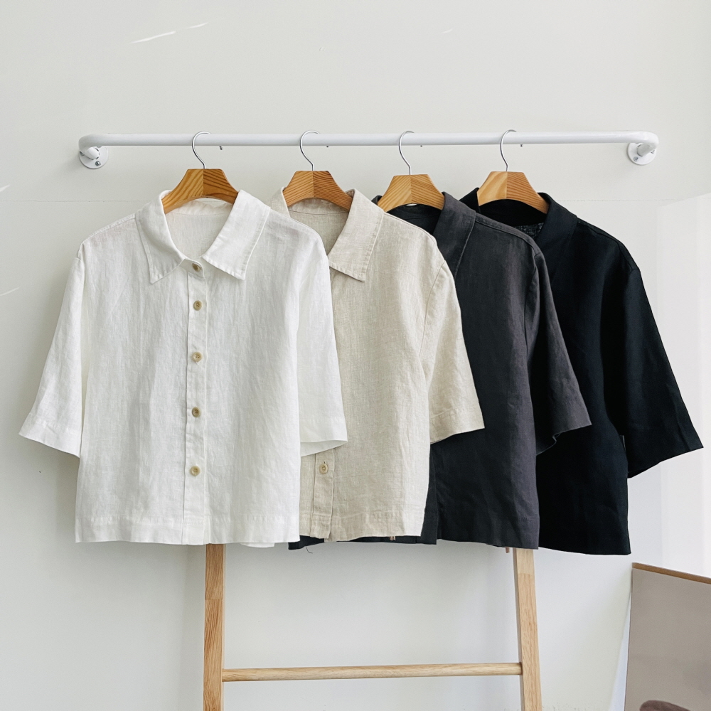 린넨 세미크롭 반팔남방 여름 여성 카라 기본 루즈핏 숏 반팔 셔츠