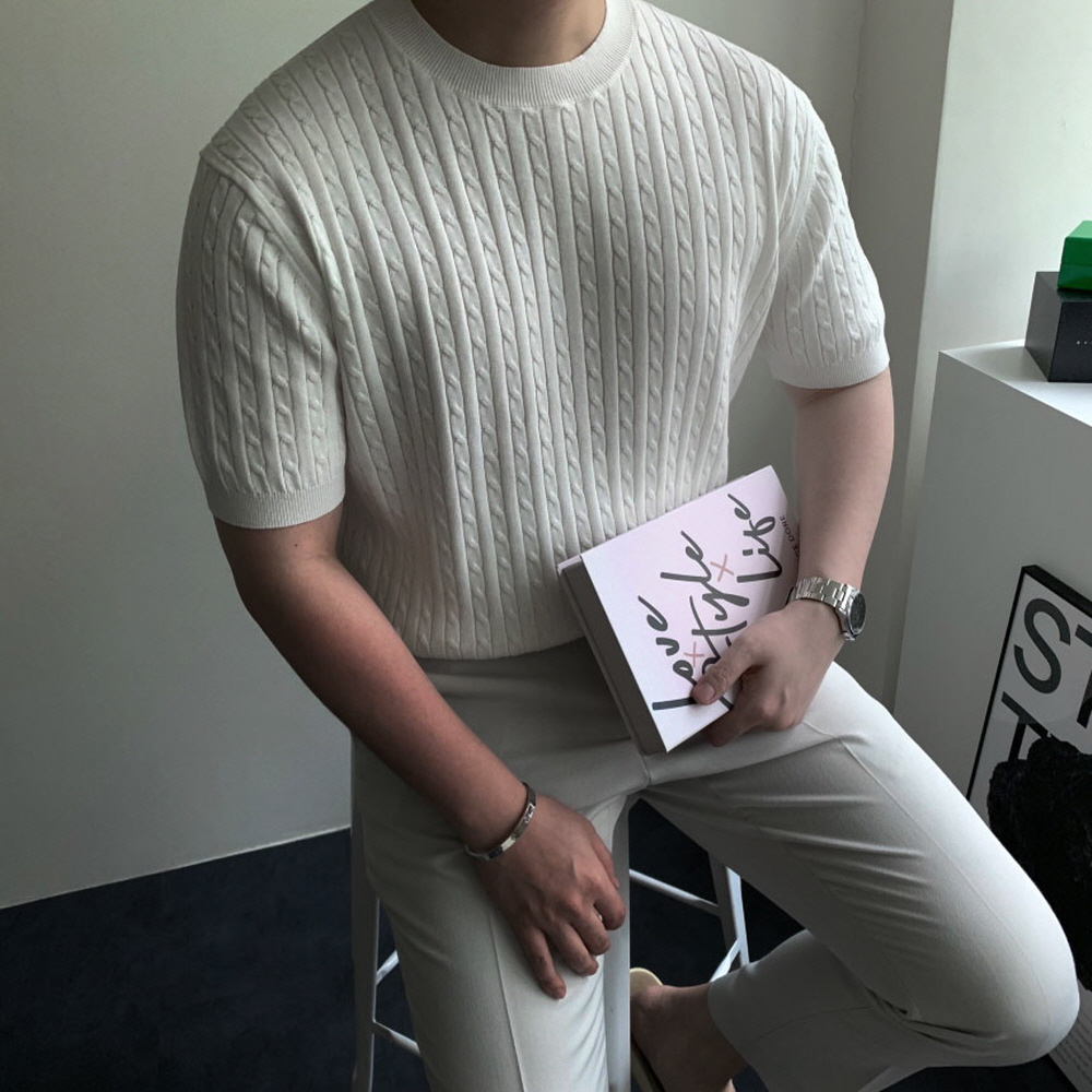 머슬핏반팔니트 워셔블 남자꽈배기반팔니트 - 메인 이미지