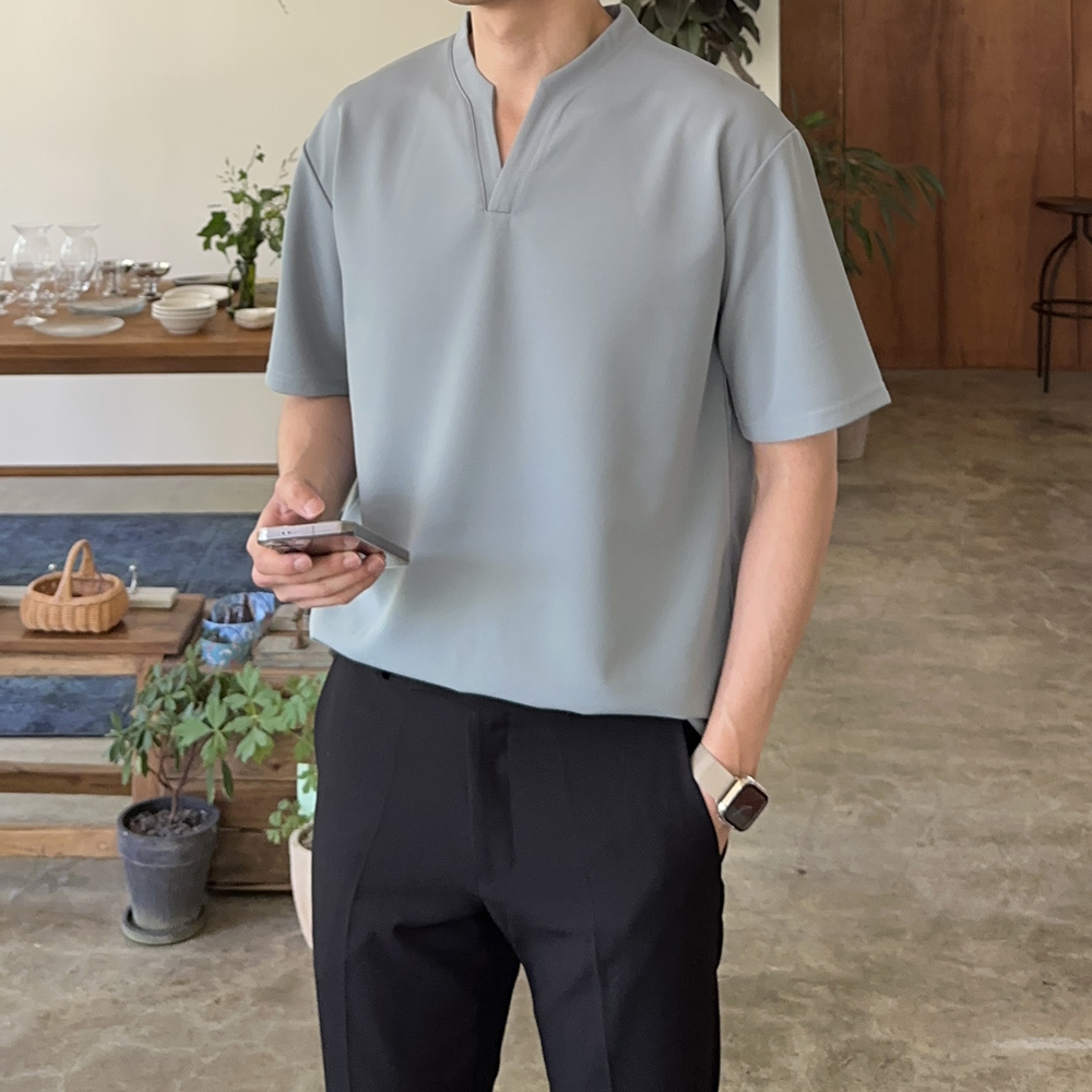 헨리넥 반팔 오버핏 무지 구김없는 브이넥 비침없는 빅사이즈 정장 남자 반팔 티셔츠