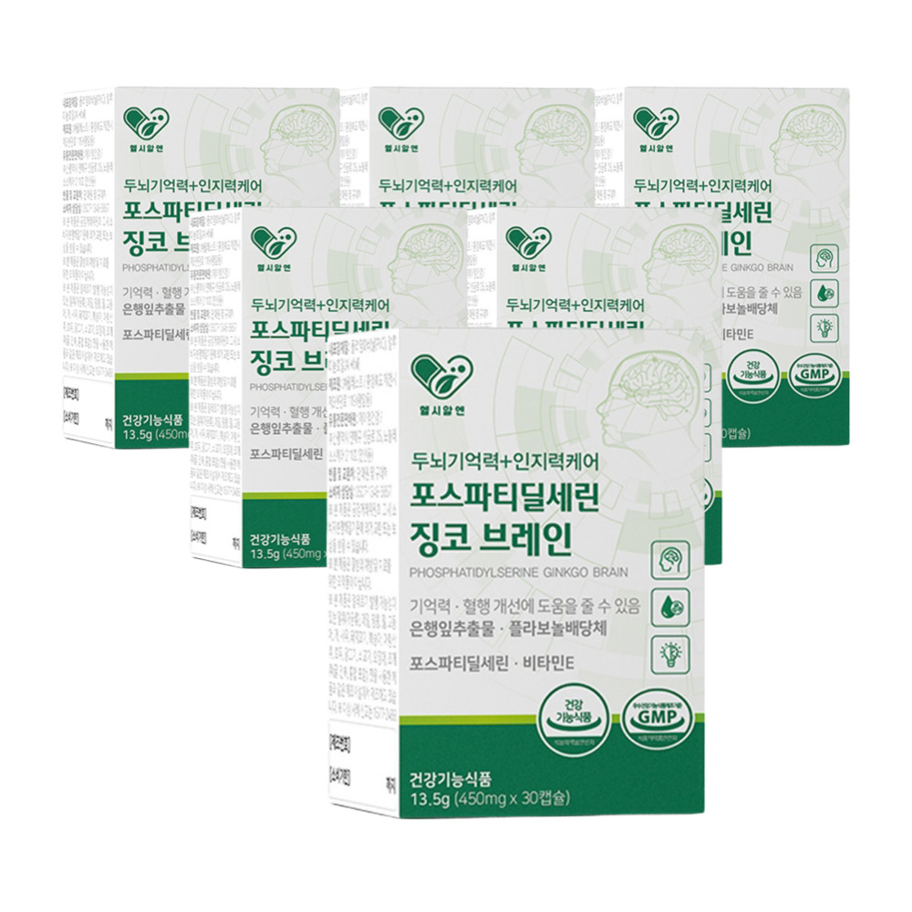 두뇌기억력 인지력케어 포스파티딜세린 징코 브레인 PS 은행잎추출물 효능 30캡슐, 6개