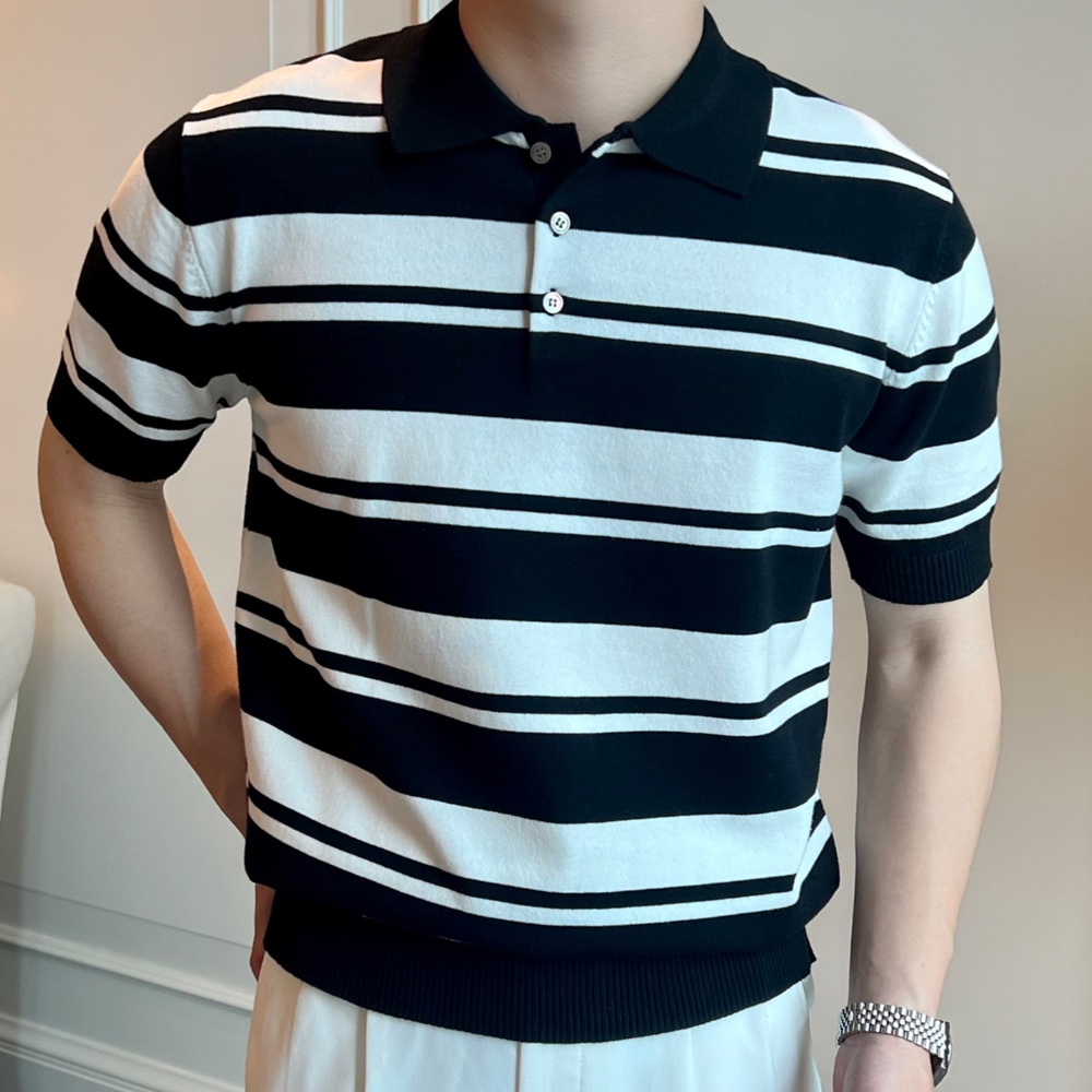스트라이프 카라 반팔 피케셔츠 슬림핏 배색 얇은 통기성 여름 - 상품 이미지