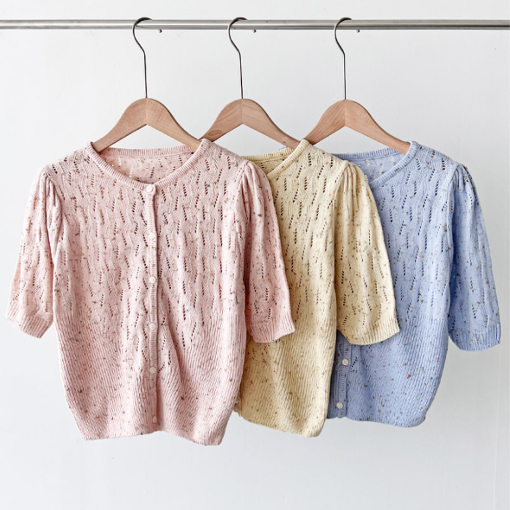 연핑크가디건 여름용 여성 퍼프소매 펀칭 니트 반팔 크롭가디건