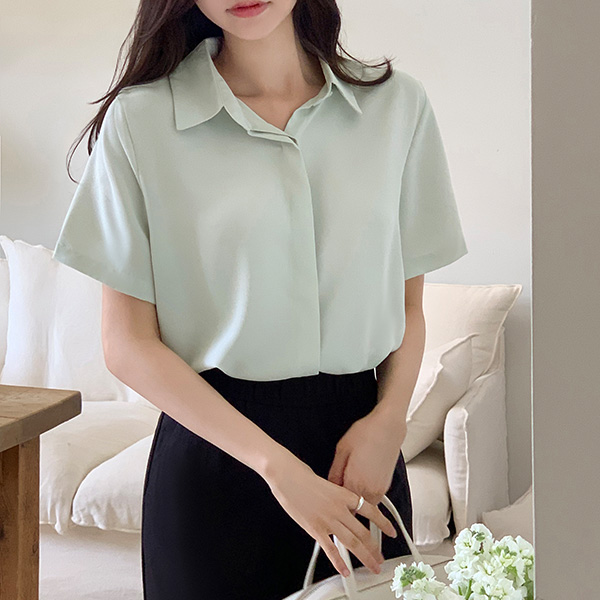 (~L링클프리) 모먼트 히든버튼 셔츠 반팔 블라우스 bs7026