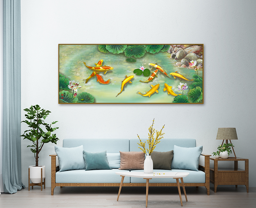 잉어그림 황금 비단 돈들어오는 그림 풍수 연꽃 80x31cm - 상품 이미지