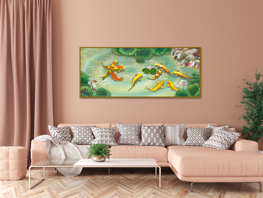 잉어그림 황금 비단 돈들어오는 그림 풍수 연꽃 80x31cm - 상세 이미지 4