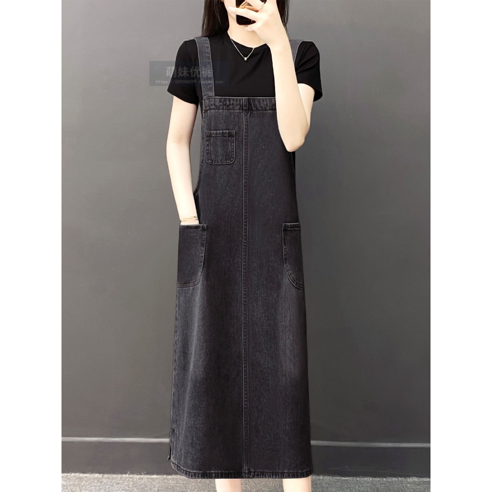 데님 멜빵 원피스 롱 서스펜더 빅사이즈 캐주얼 연예인 패션 코디 4컬러 - 상세 이미지 3