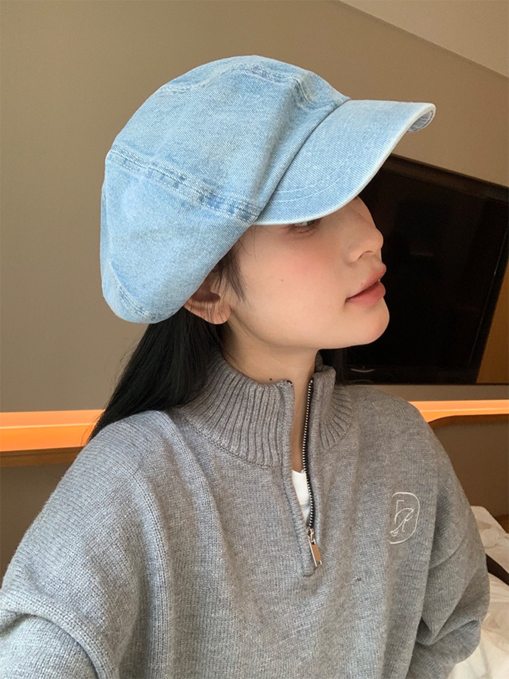 데님 베레모 대형 화가 빵모자 힙한 데일리 아이돌 패션 코디 학생 2컬러 - 상세 이미지 4
