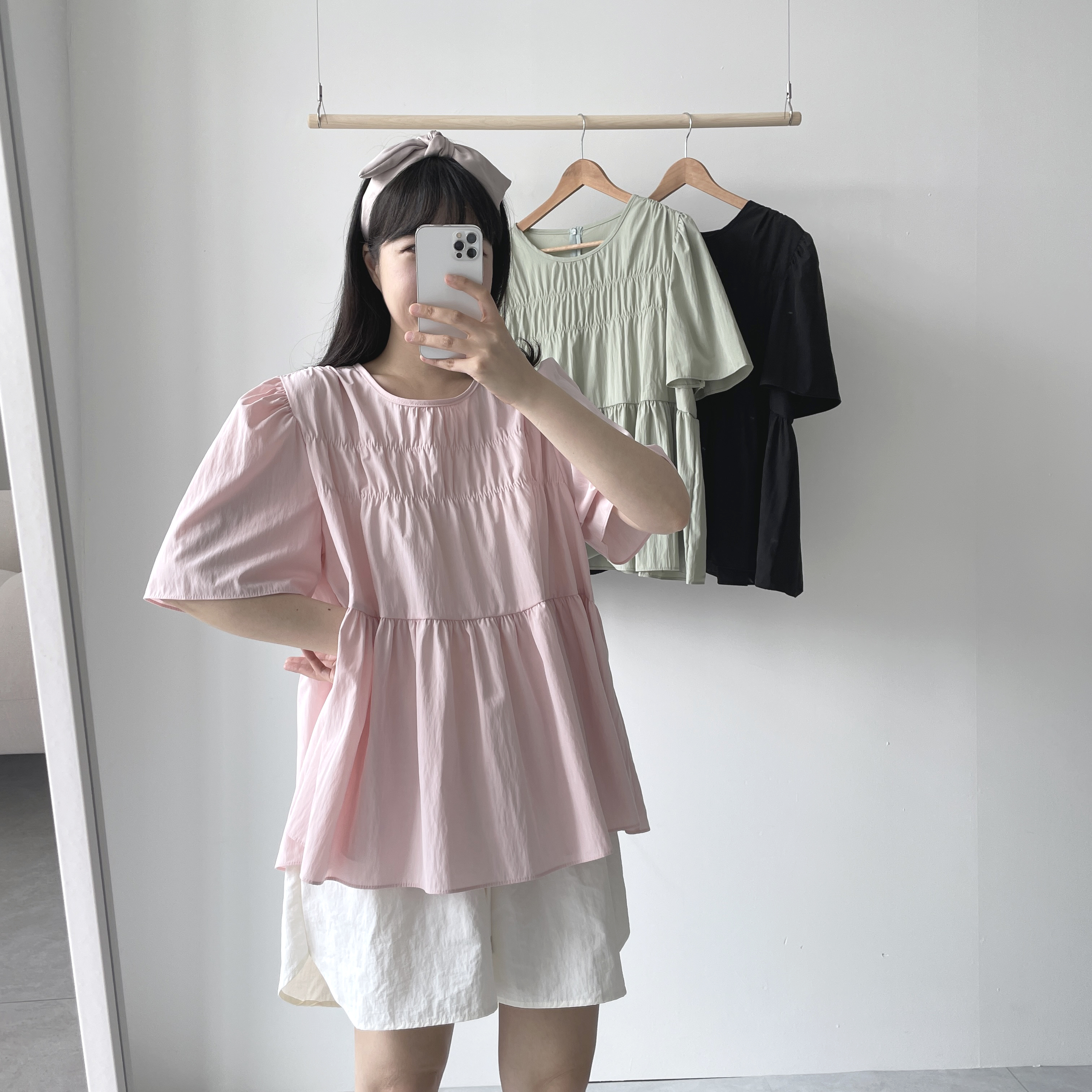 셔링블라우스 바스락 퍼프블라우스 핑크 임산부블라우스 이미지 2