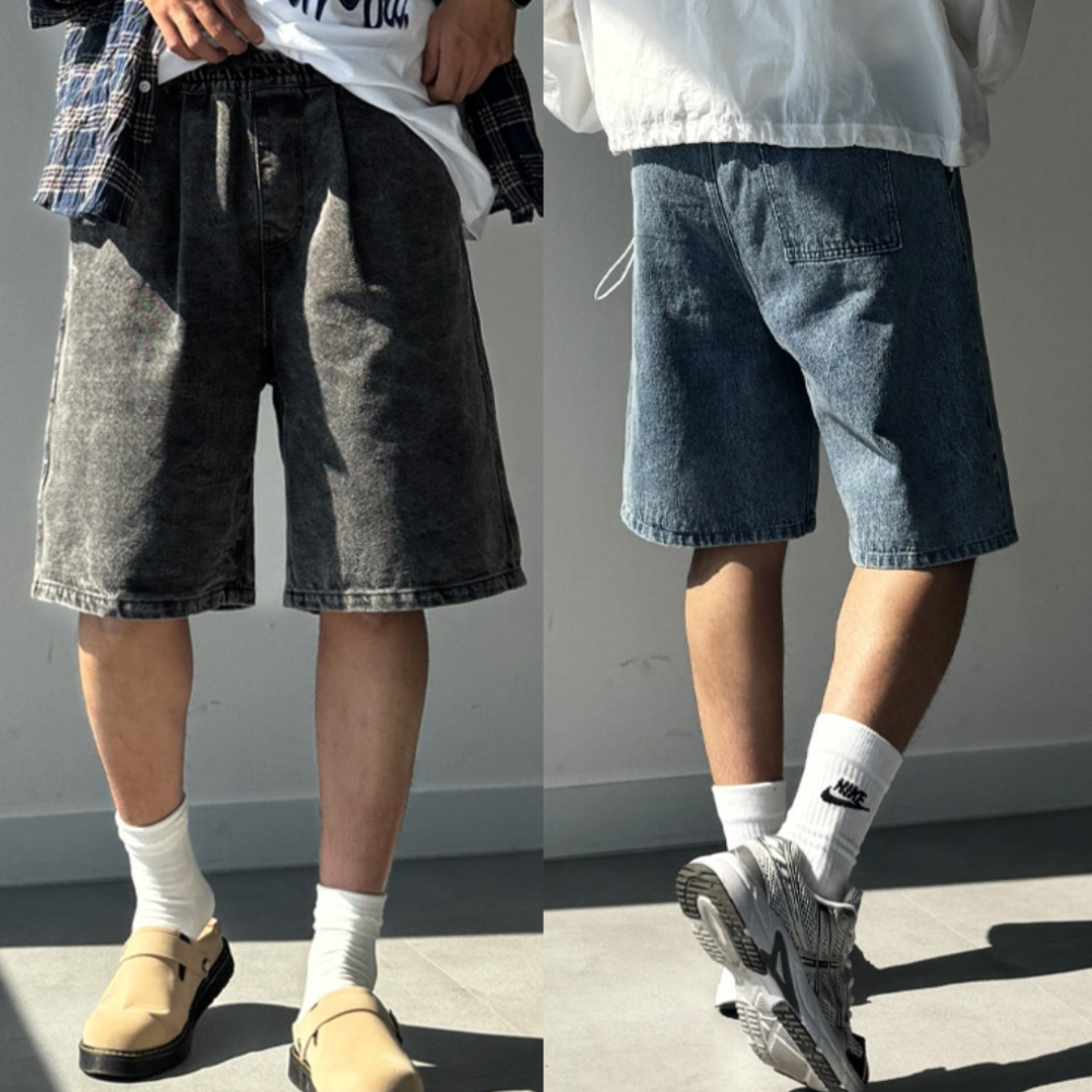 남자 넥그 여름 밴딩 버뮤다 원턱 와이드 청반바지