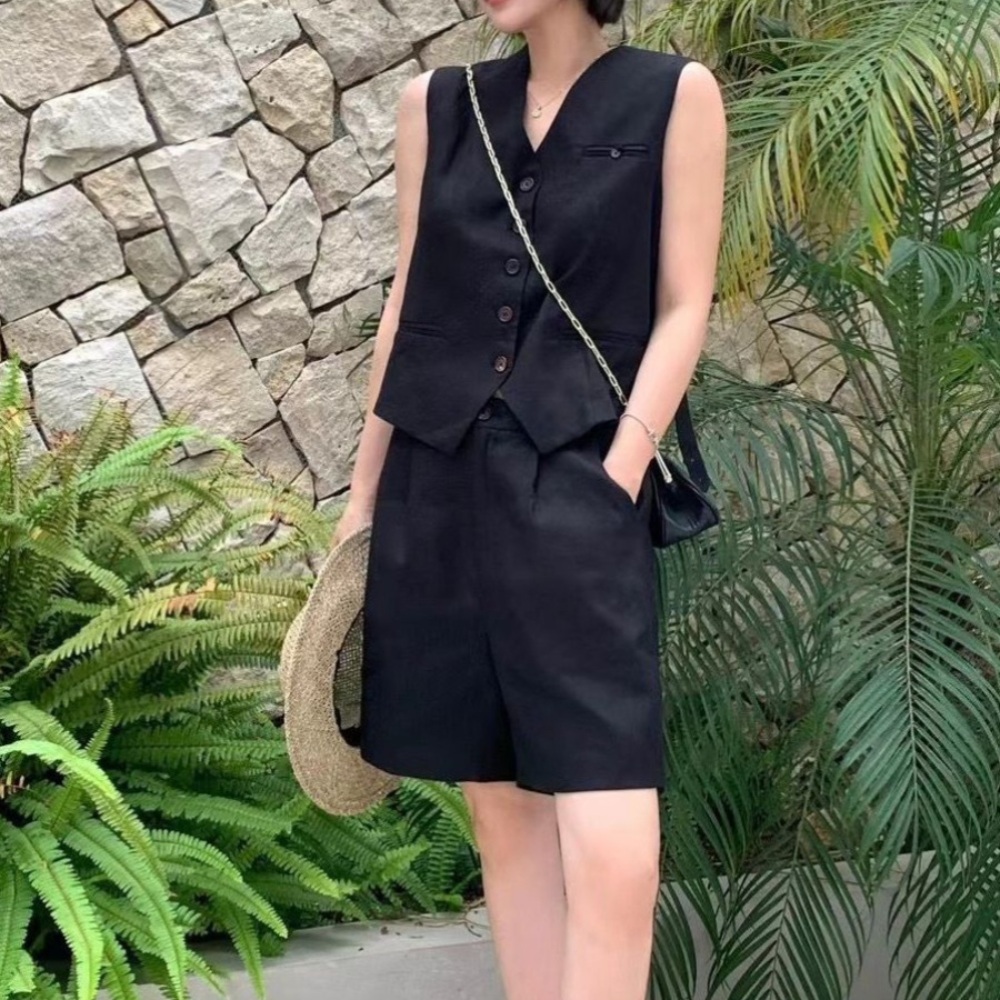 조끼 버뮤다팬츠 세트 5부 반바지 정장 블랙 빅사이즈 클래식 연예인 패션 코디 여름 - 상품 이미지