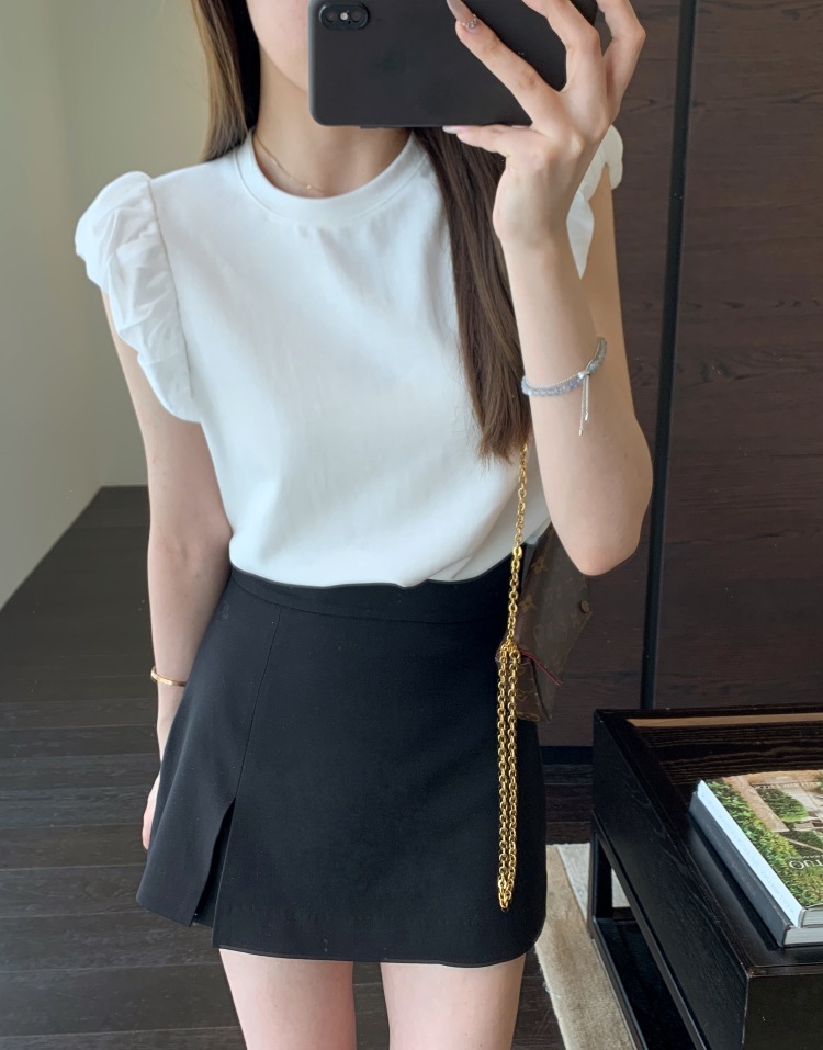 여자여자몰 브래지어끈안보임 뒷트임등레이스 볼륨셔링 캡소매 티블라우스 여름 나시티셔츠 - 상세 이미지 3