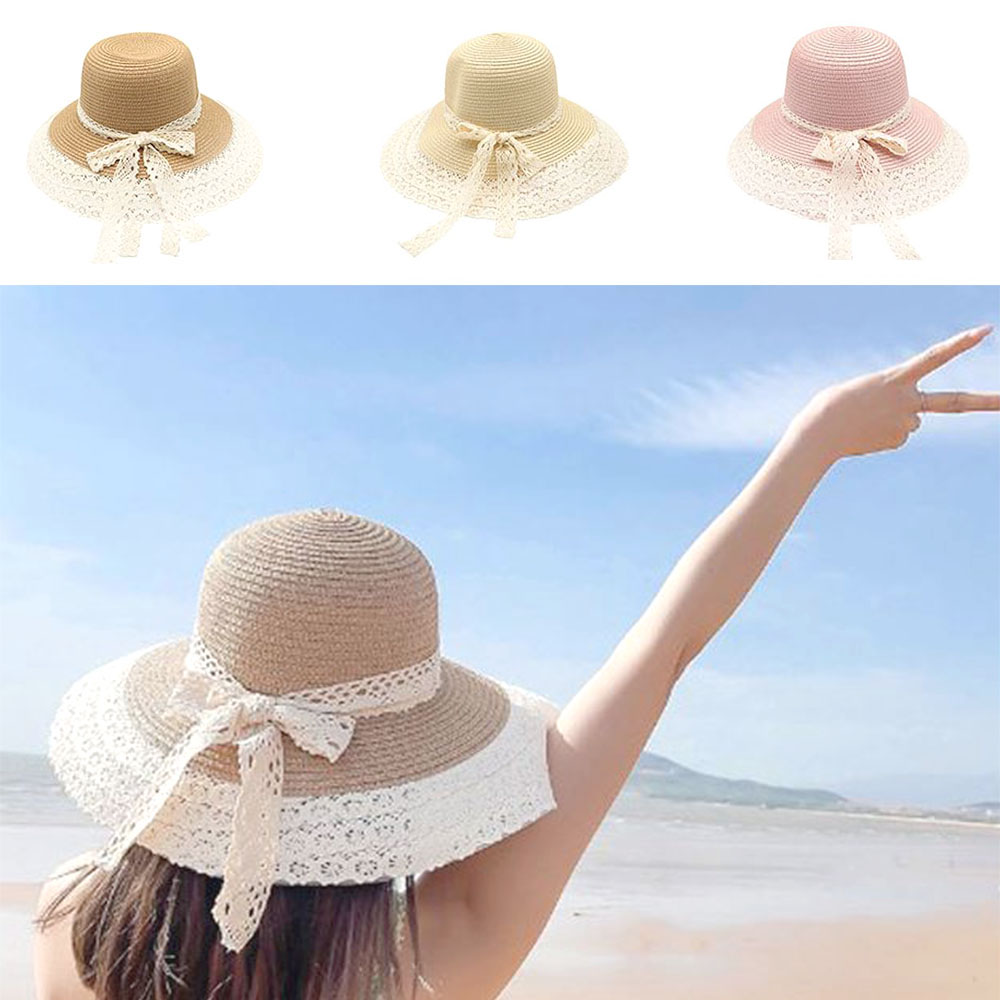 여성 레이스 라탄모자 바캉스 여자 리본 해변 리조트 밀짚 패션캡 - 상품 이미지