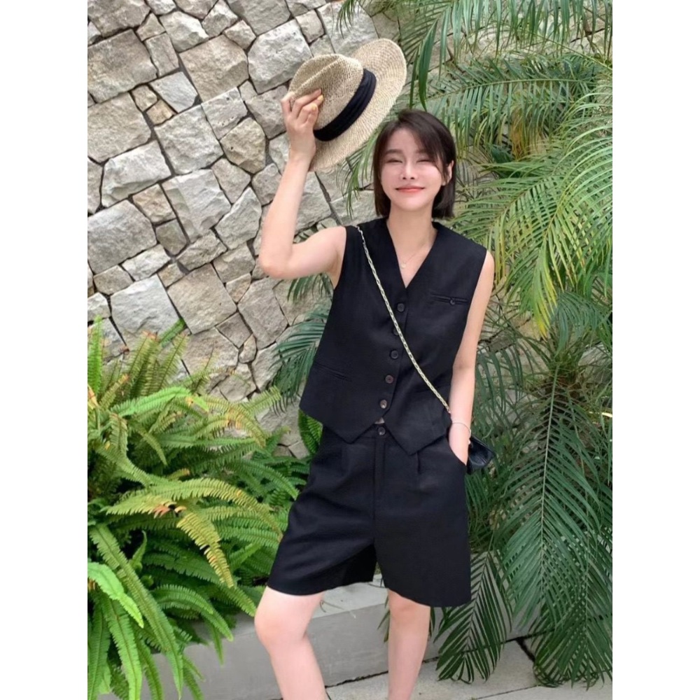 조끼 버뮤다팬츠 세트 5부 반바지 정장 블랙 빅사이즈 클래식 연예인 패션 코디 여름 - 상세 이미지 3