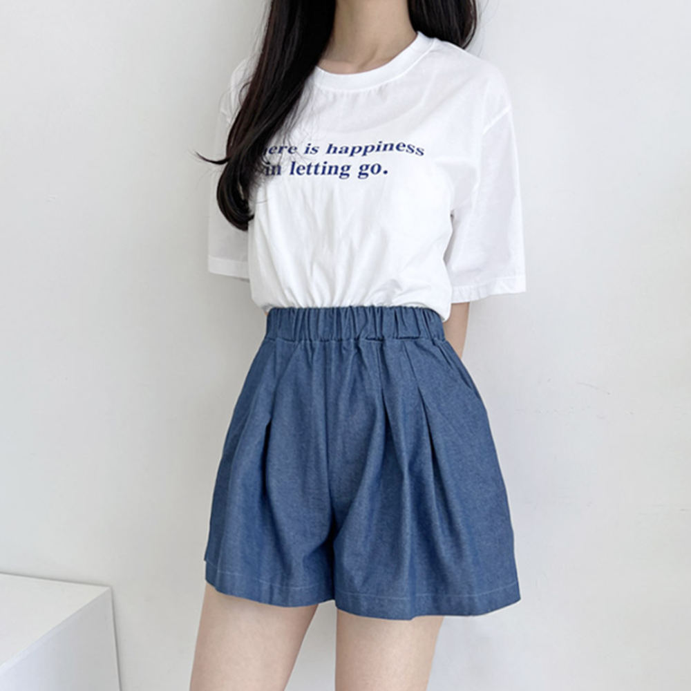 청치마반바지 A라인 데님 고무줄 밴딩 하이웨스트 큐롯 팬츠 - 상세 이미지 3