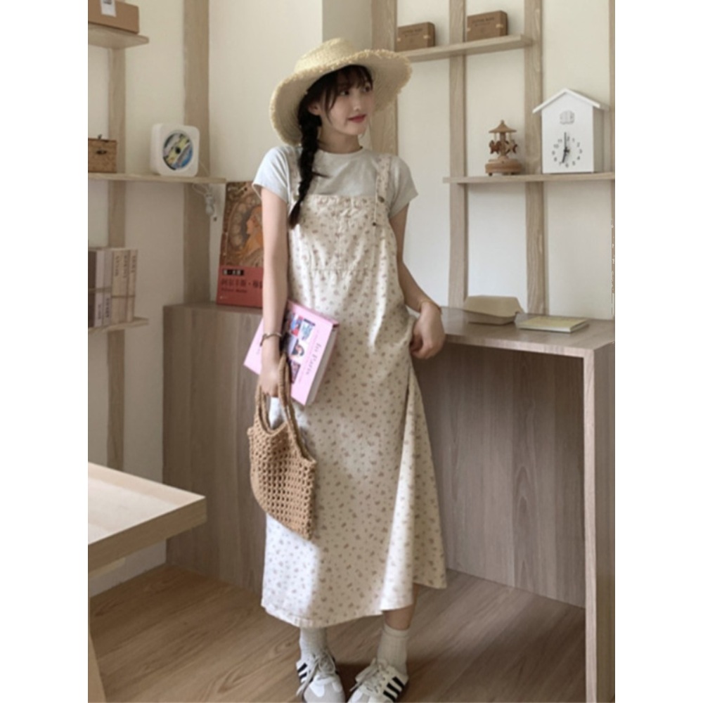 꽃무늬 멜빵 원피스 빅사이즈 스커트 서스펜더 멜빵 아이보리 체형커버 귀여운 점프수트 - 상세 이미지 3