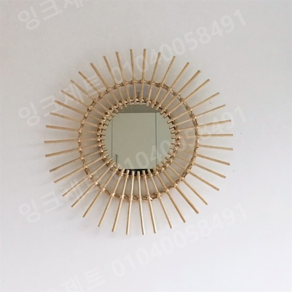 해바라기 거울 원형 라탄 프레임 유럽식 디자인 벽걸이 - 상품 이미지