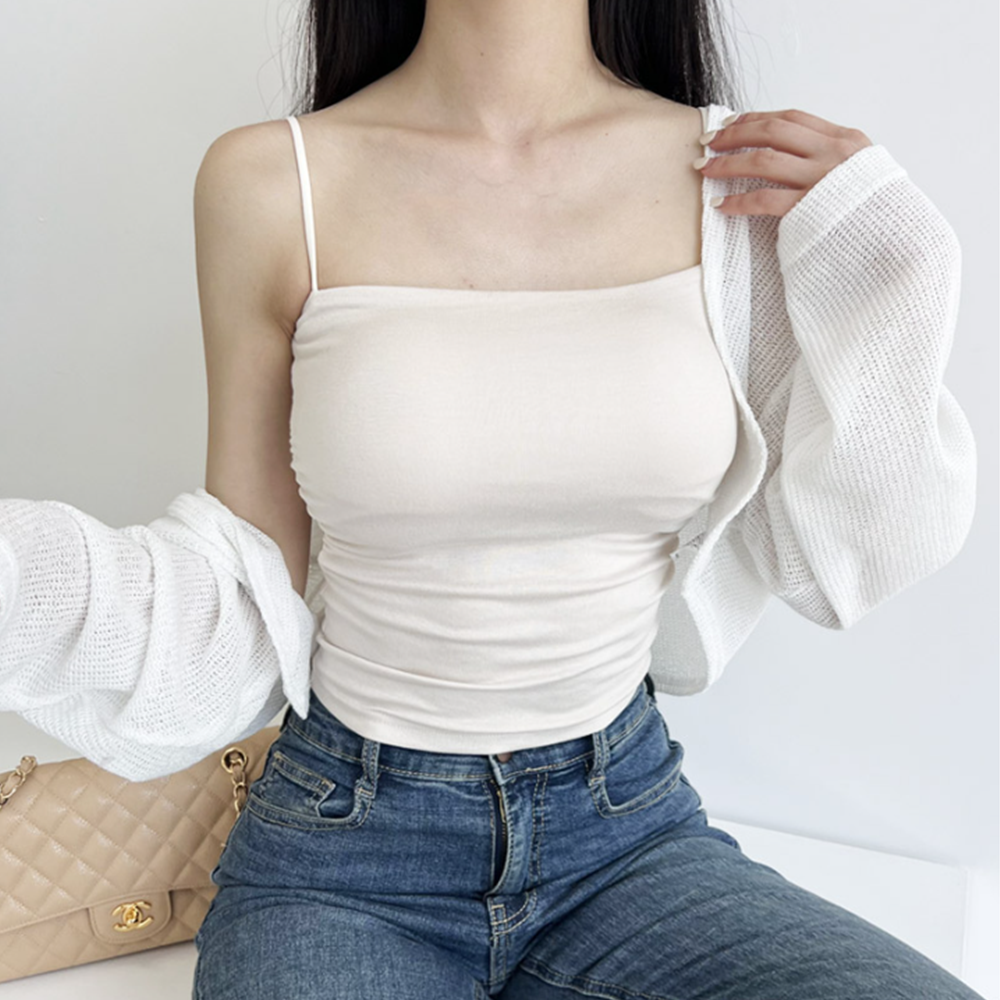 흰색끈나시 패드 캡내장 여름 셔링 크롭 이너 레이어드나시 - 상품 이미지