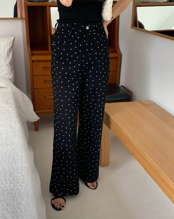 클레드 도트 와이트 핀턱 땡땡이 코튼 바지 팬츠 (블랙) - 상세 이미지 2