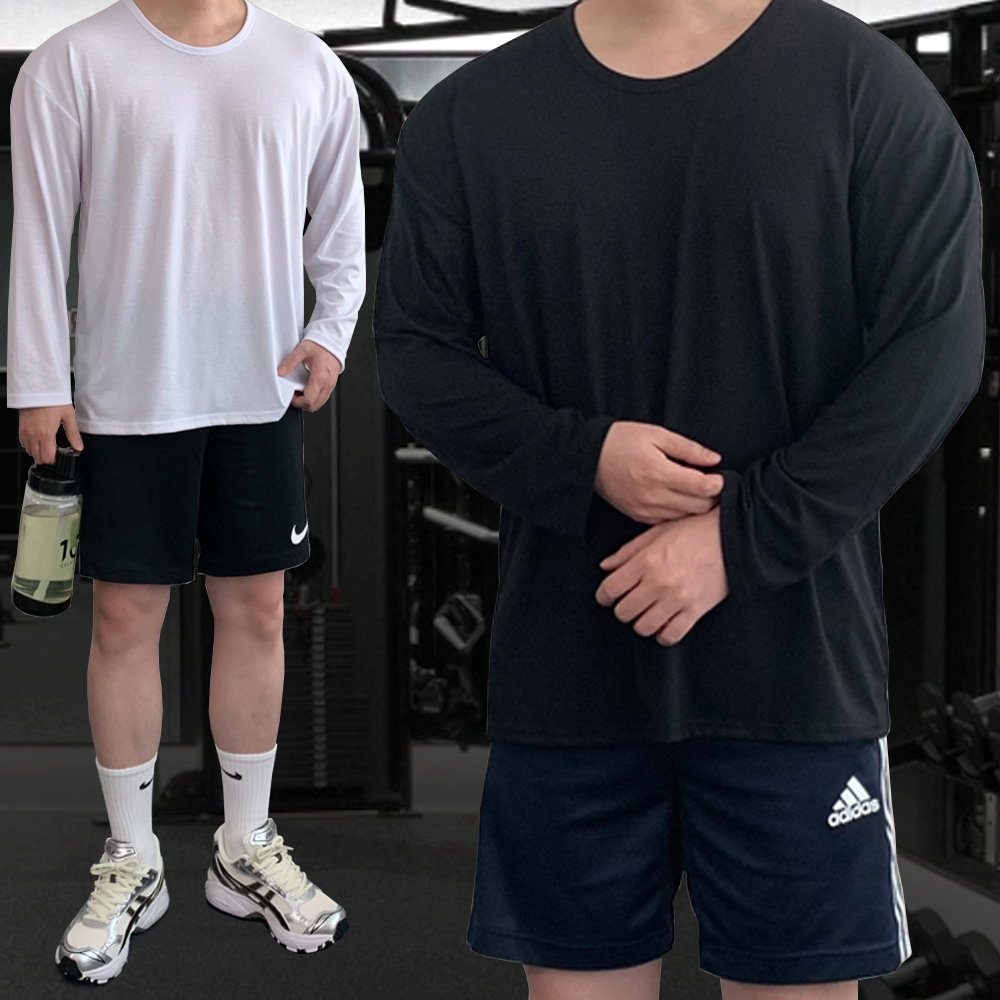 남자 머슬핏 티셔츠 유넥 긴팔 반팔 헬스오버핏 빅 사이즈 어깨넓어보이는 헬창옷 - 상품 이미지