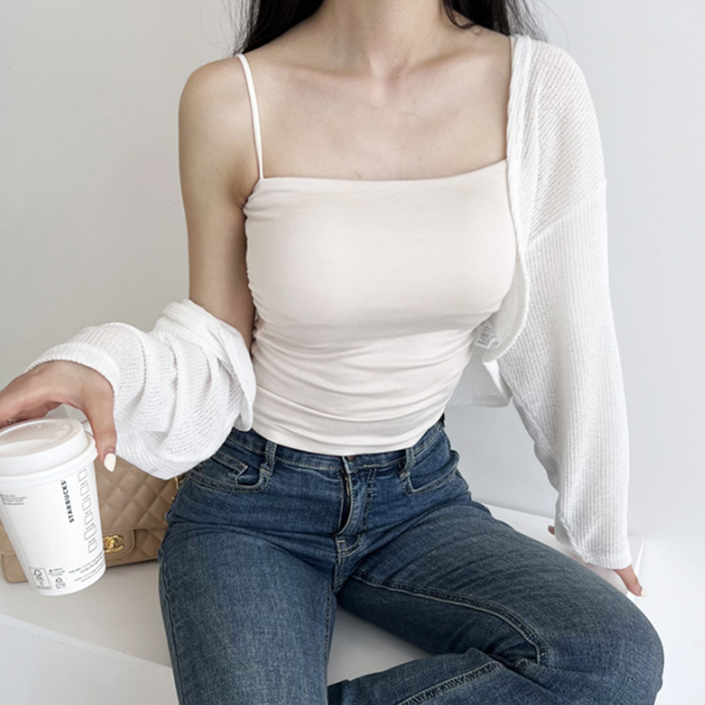 흰색끈나시 패드 캡내장 여름 셔링 크롭 이너 레이어드나시 - 상세 이미지 4