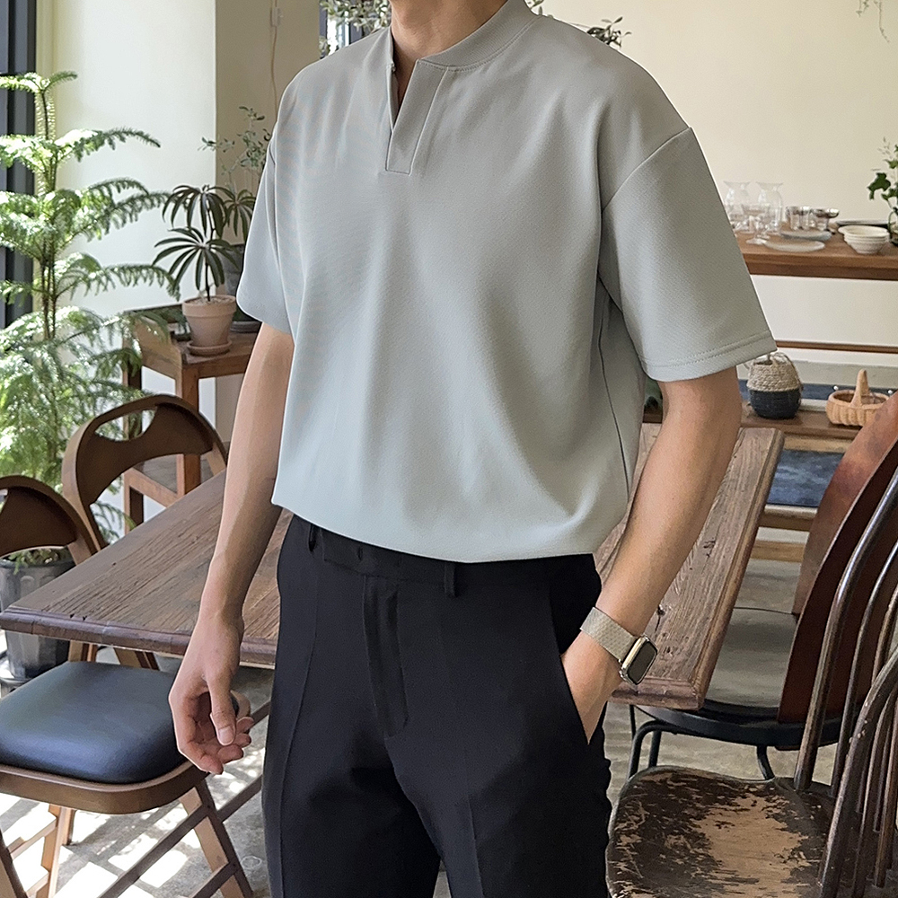 남자 반팔티 오버핏 브이넥 차이나카라 헨리넥 반팔 티셔츠 - 상세 이미지 2