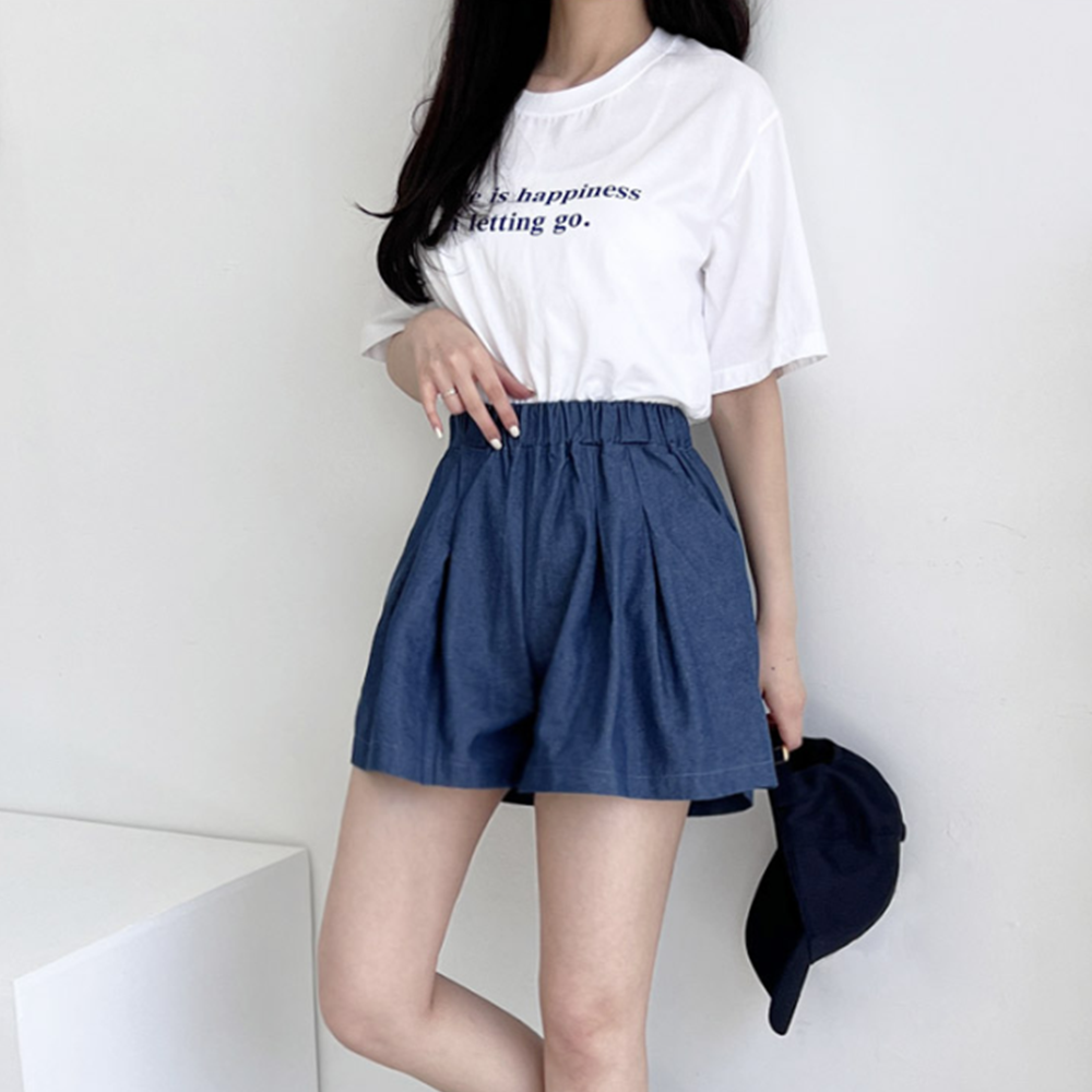 청치마반바지 A라인 데님 고무줄 밴딩 하이웨스트 큐롯 팬츠 - 상세 이미지 4