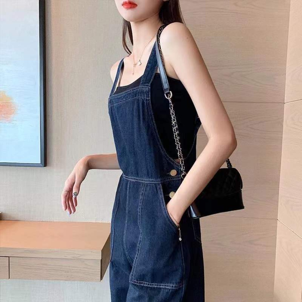 데님 나시 점프수트 멜빵 생지 오버롤 와이드팬츠 캐주얼 데일리 루즈핏 - 상세 이미지 4