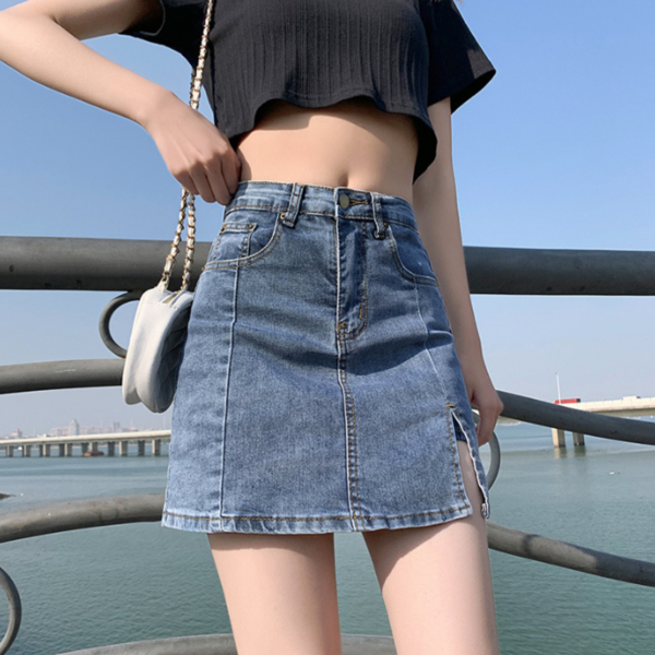 슬림핏 H라인 데님 청치마 속바지 미니스커트 - 상세 이미지 3