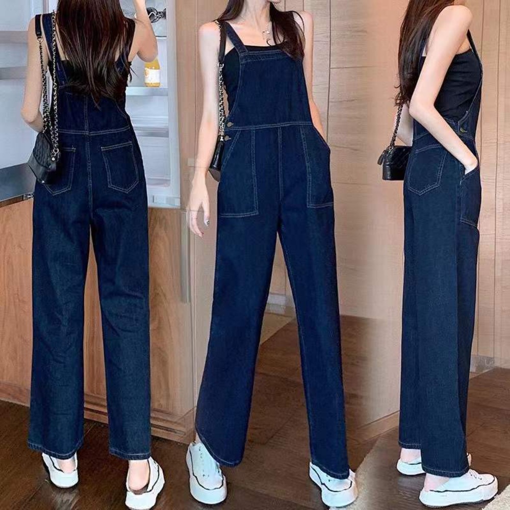 데님 나시 점프수트 멜빵 생지 오버롤 와이드팬츠 캐주얼 데일리 루즈핏 - 상품 이미지