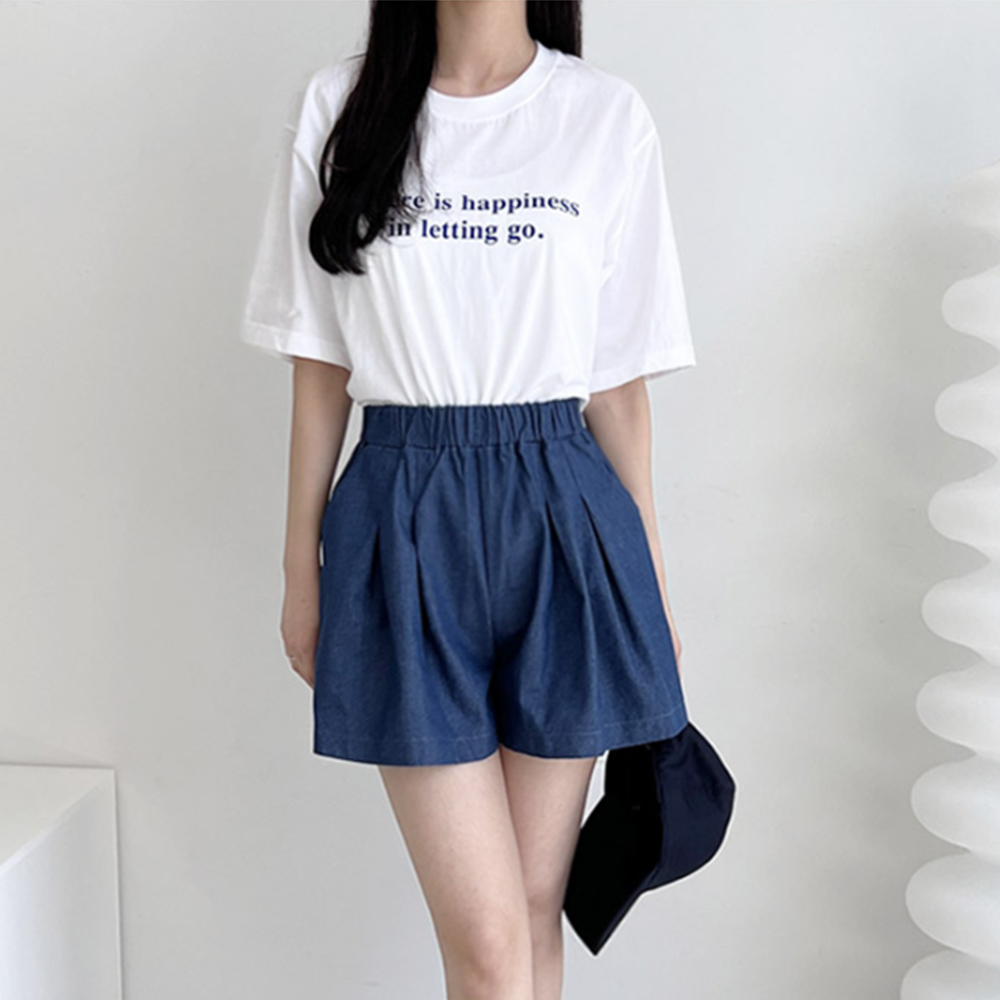 청치마반바지 A라인 데님 고무줄 밴딩 하이웨스트 큐롯 팬츠 - 상세 이미지 2