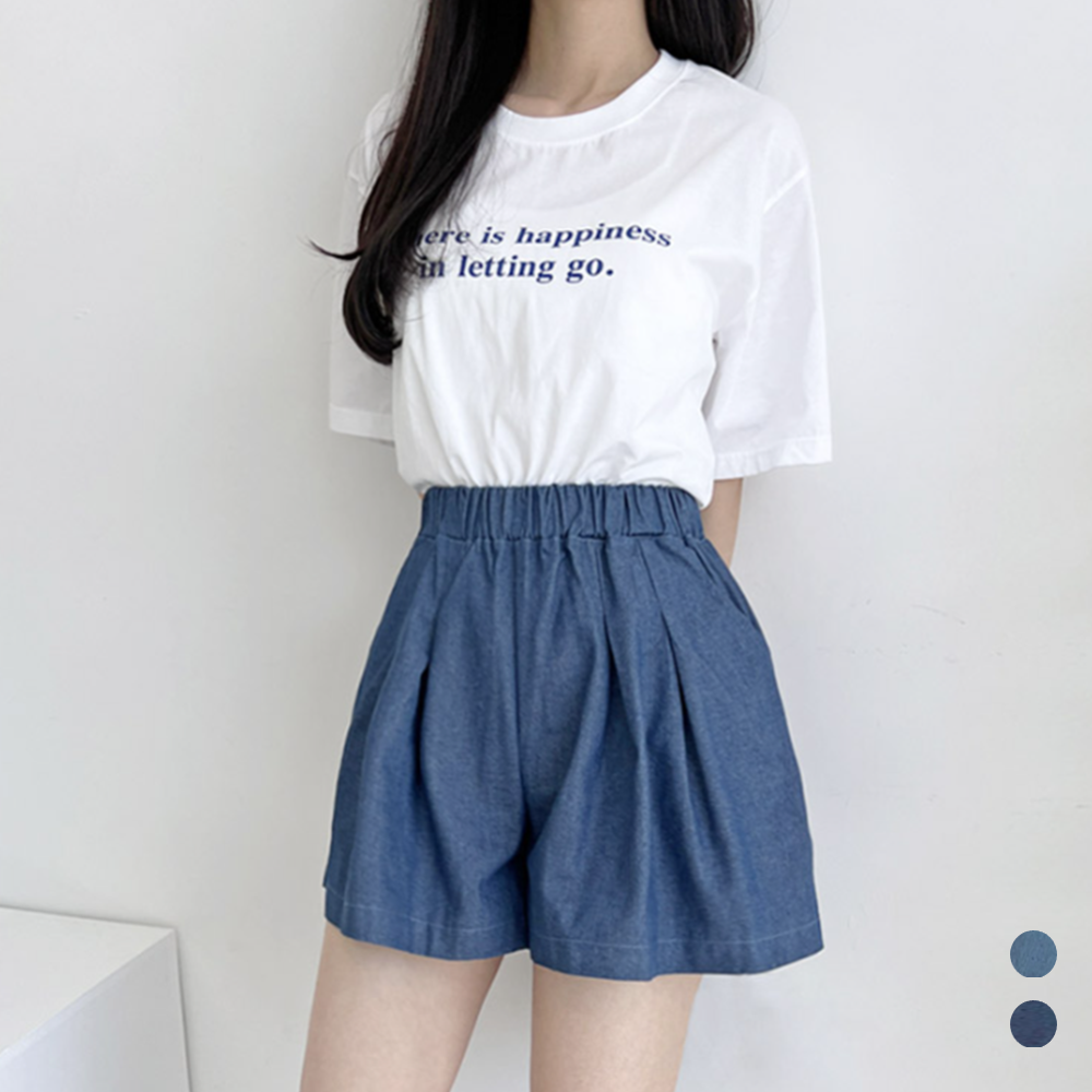 청치마반바지 A라인 데님 고무줄 밴딩 하이웨스트 큐롯 팬츠 - 상품 이미지