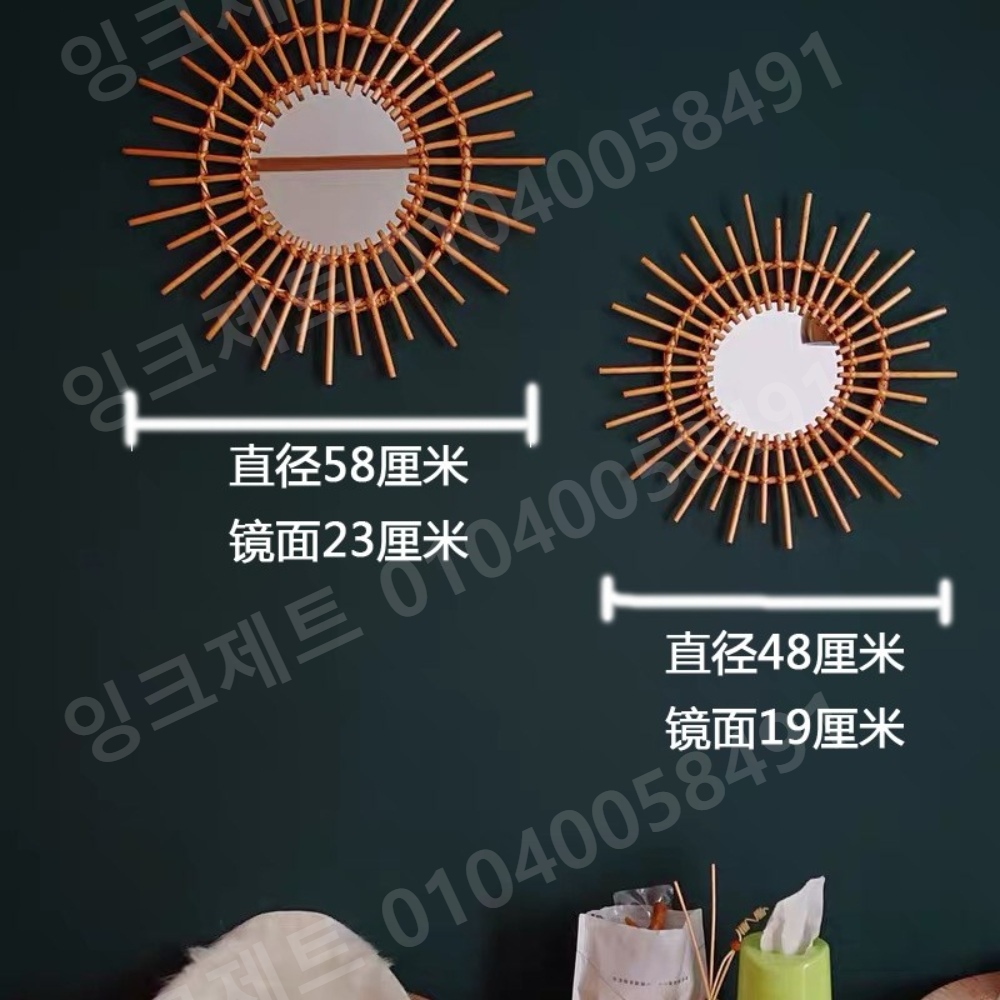 해바라기 거울 원형 라탄 프레임 유럽식 디자인 벽걸이 - 상세 이미지 2