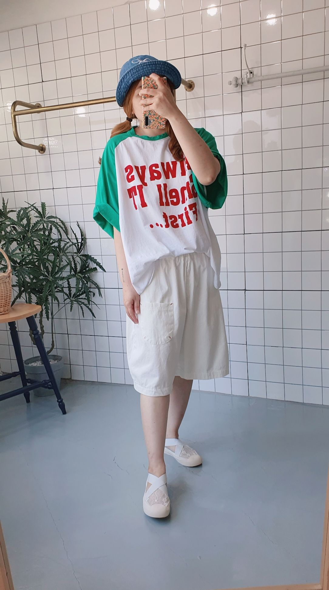오버핏 치마바지 레드스티치 면 반바지 - 상세 이미지 3