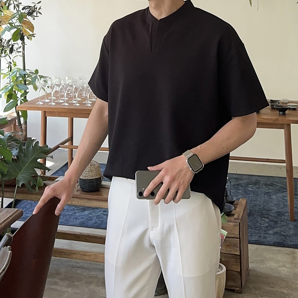 남자 반팔티 오버핏 브이넥 차이나카라 헨리넥 반팔 티셔츠 - 상세 이미지 3
