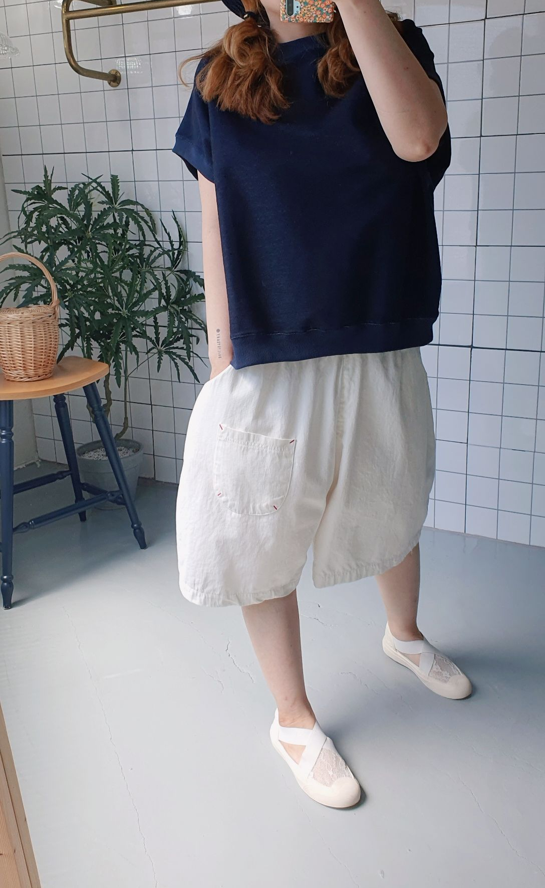 오버핏 치마바지 레드스티치 면 반바지 - 상세 이미지 5