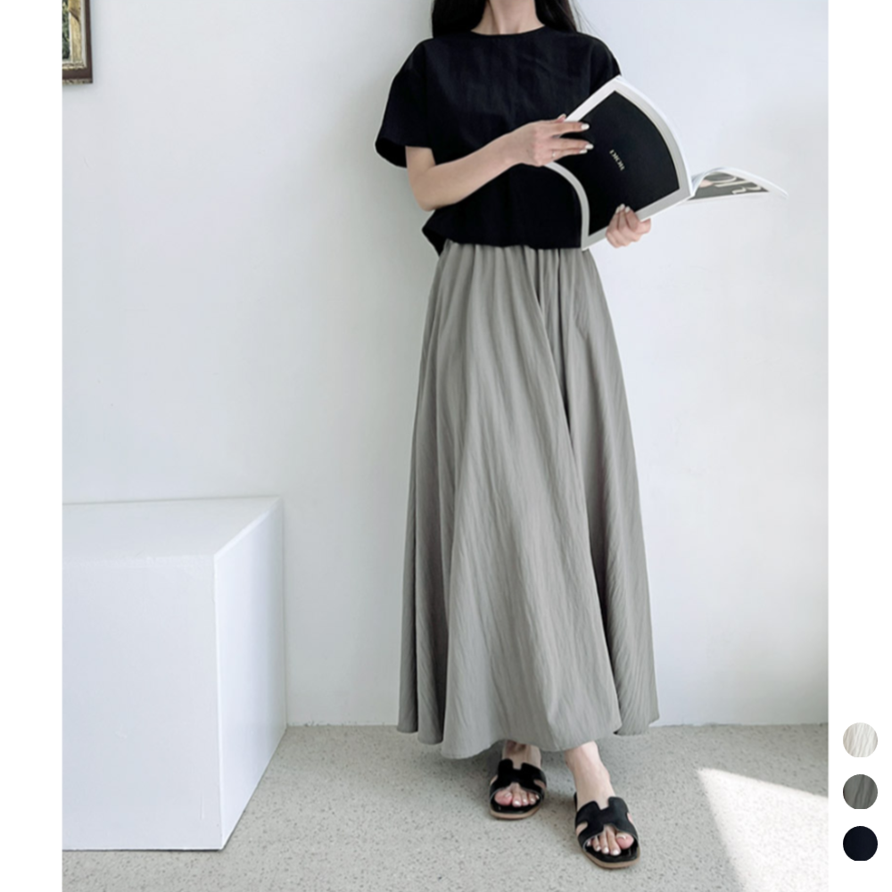 카키롱스커트 여름 맥시 롱 밴딩 A라인 플레어 주름치마 - 메인 이미지