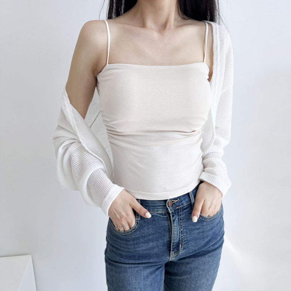 흰색끈나시 패드 캡내장 여름 셔링 크롭 이너 레이어드나시 - 상세 이미지 2