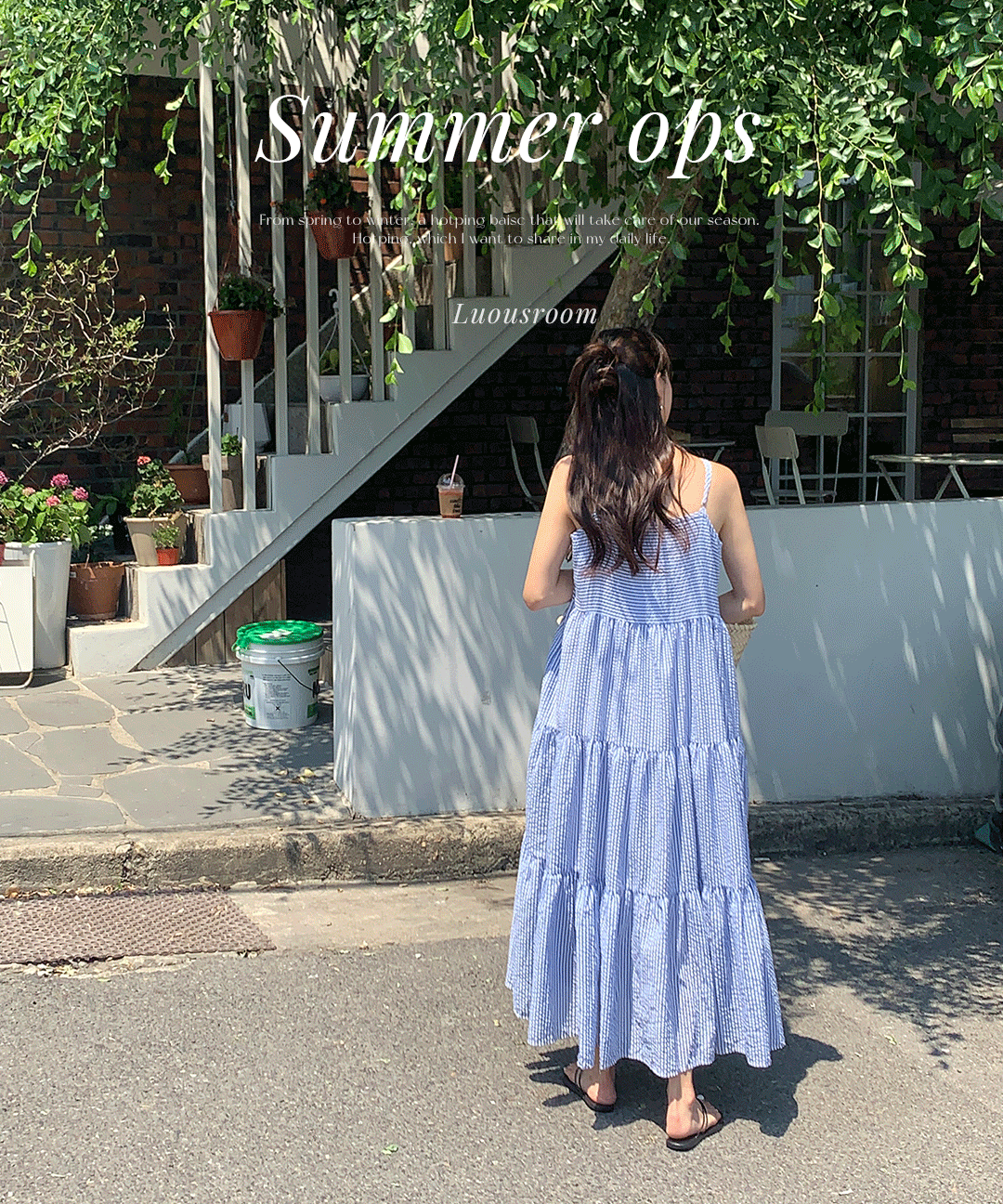 포레스트 여름 스트라이프 단가라 시어서커 지지미 스퀘어넥 휴양지 캉캉 플레어 뷔스티에 코튼 여름 드레스 롱 원피스(블루)