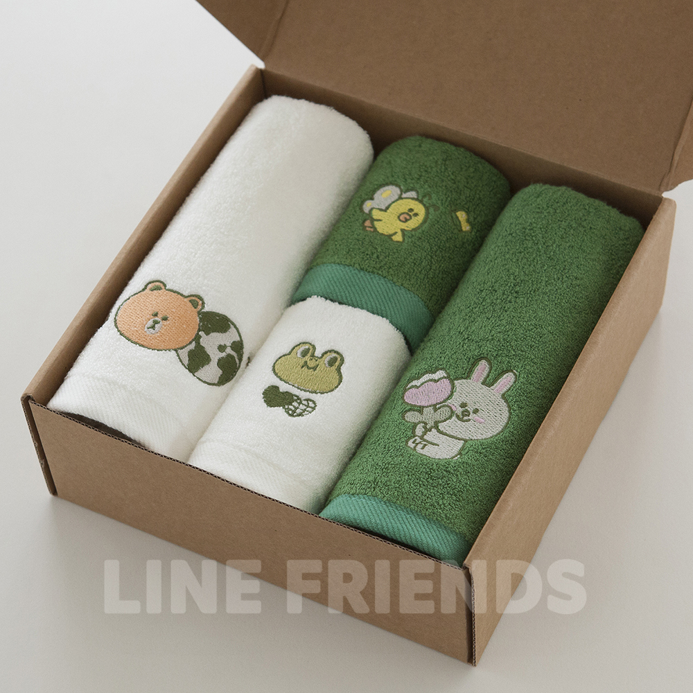 [선물세트 4매박스] 라인프렌즈 그린뱀부 자수 캐릭터수건 세면&핸드타올