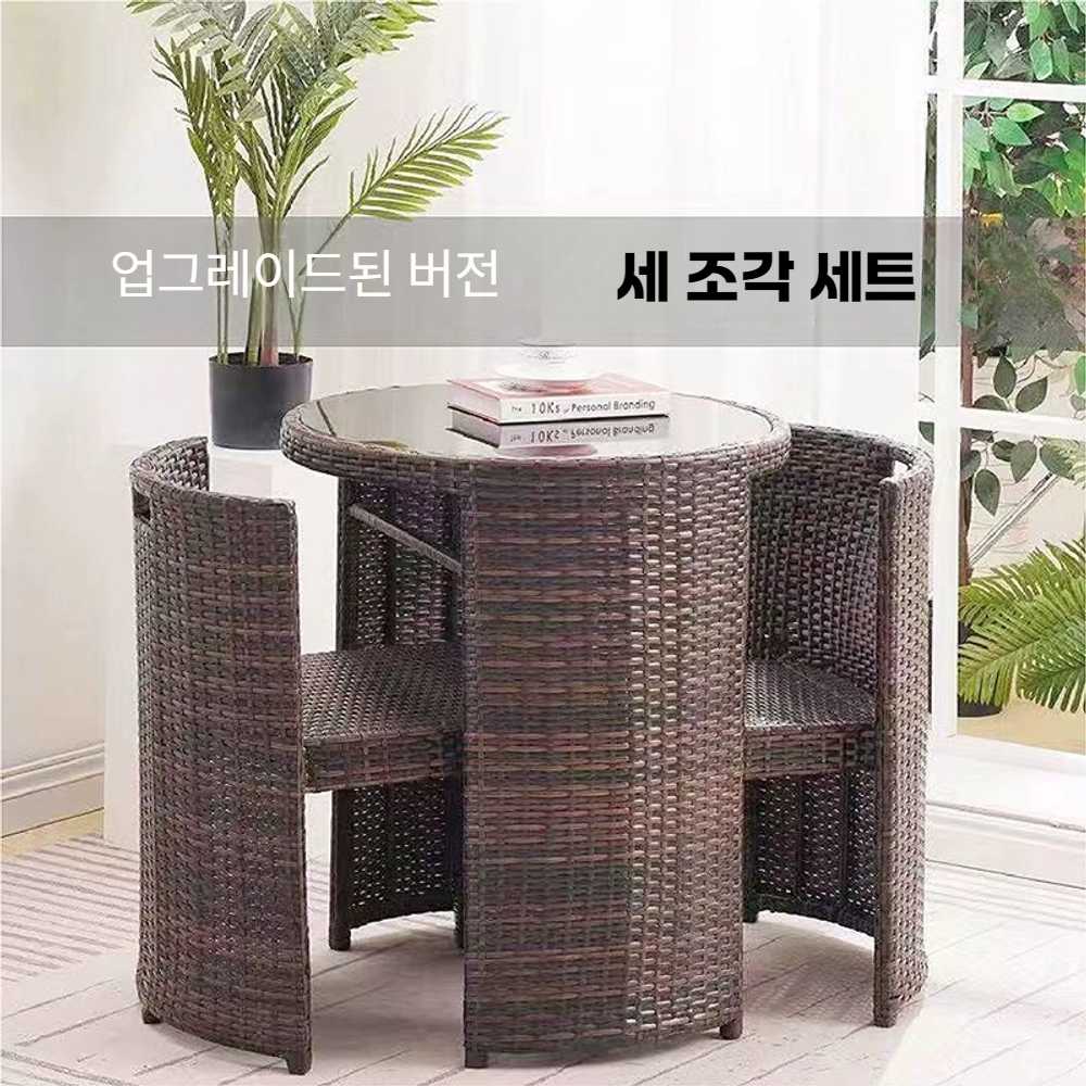 발코니 등나무 의자 테이블 3피스 세트 야외 테라스 라탄 브라운 원형-방석없음 - 상세 이미지 2